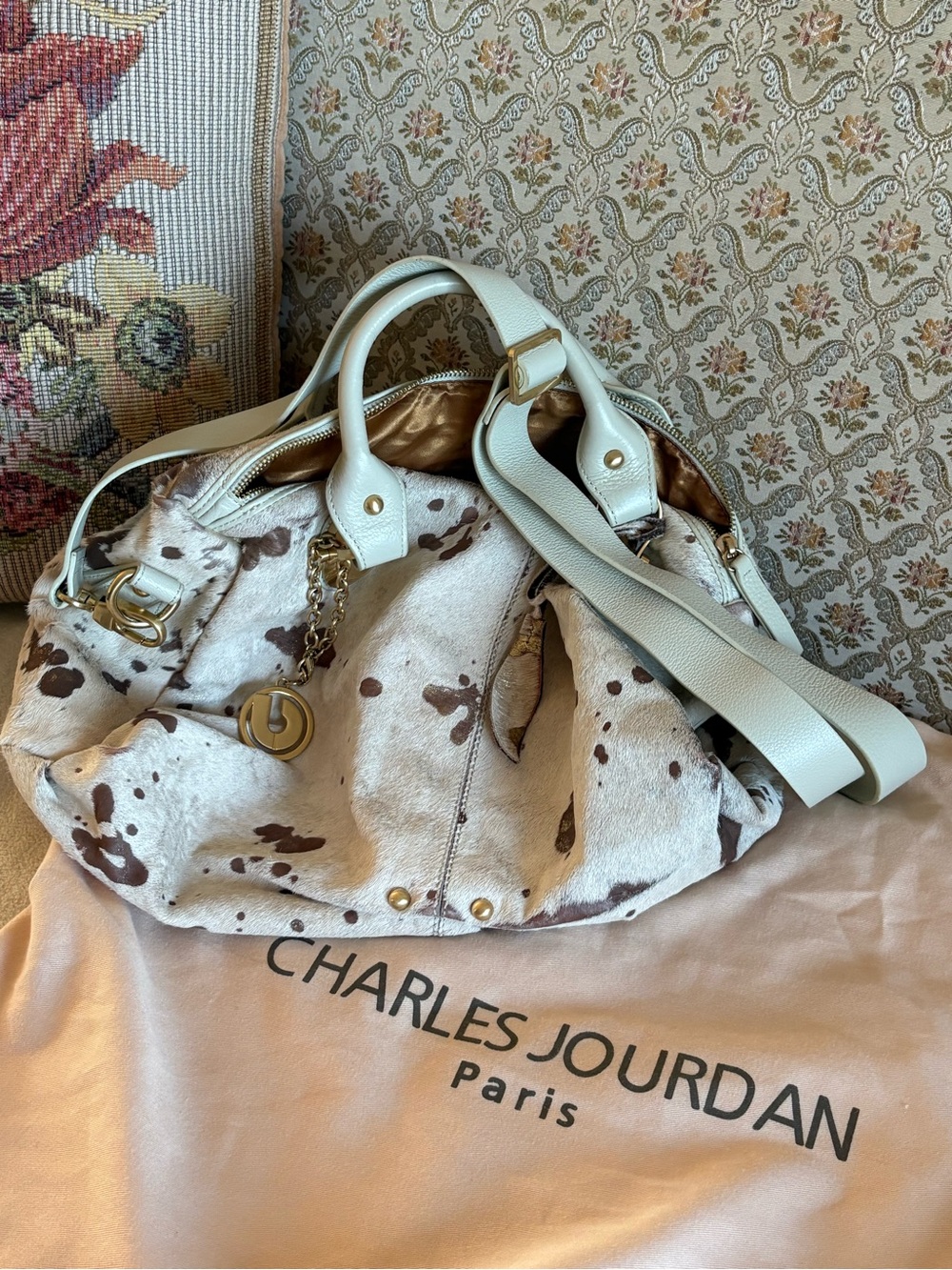 NWOT Charles Jourdan White and Brown Cowhide Shoulder Satchel